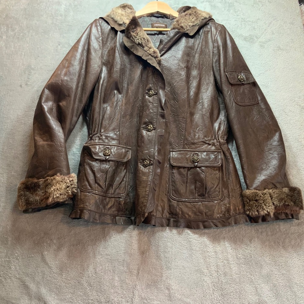 Danier Brown Leather Rabbit Fur Trim Insulated Parka Jacket Vintage Medium 50543